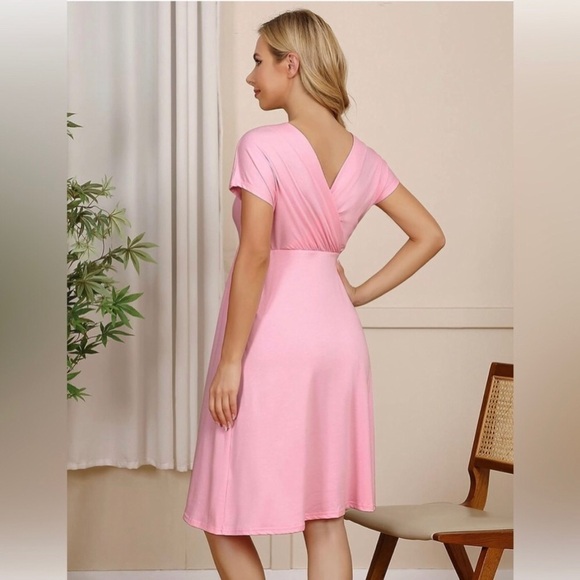 New Pink Maternity Dress Women's V-Neck A-Line Knee Length Wrap Dress - Picture 3 of 4